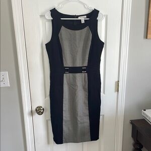 White House Black Market Gray and Tan Sheath Dress Sleeveless Scoop Neck Midi